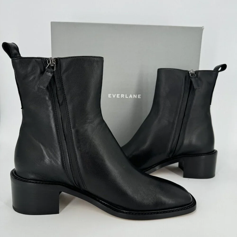 Everlane The City Boot in Black Leather sz 5.5 Women's Side Zip Block Heel Ankle